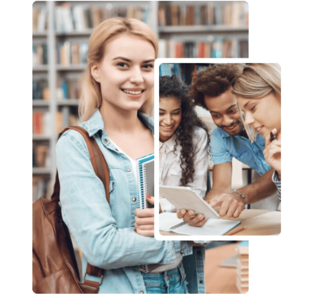 a group of people standing in front of a book shelf